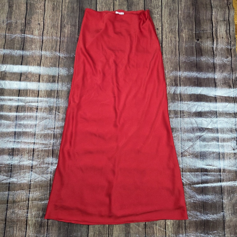 NIA Satin Slip Maxi Skirt Womens S Red Lined 90s Minimalist Glam Day to Night